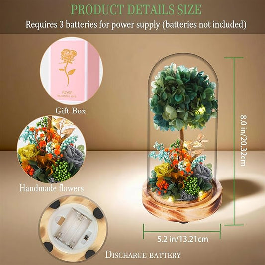 Preserved Flower Glass Dome with LED Lights, Handmade Hydrangea Tree and Eternal Rose Arrangement on Wood Base, for All Festivals,for You to Send Love for All Occasions(Dark Green)