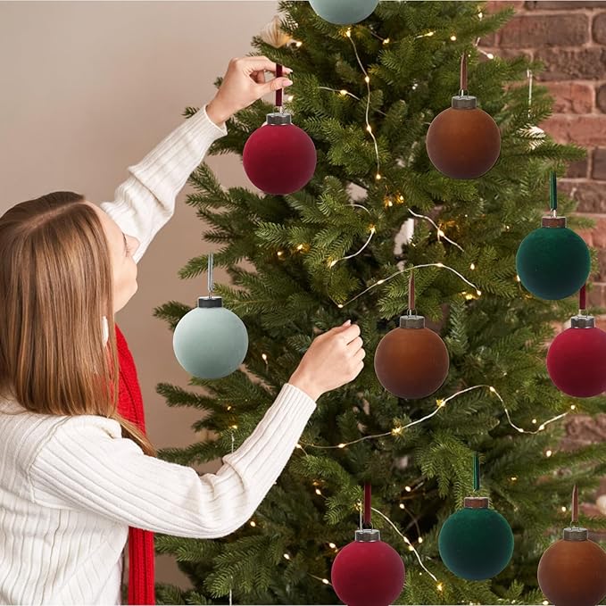 24 Pcs Velvet Christmas Balls Bulk Shatterproof Plastic Christmas Tree Decorations for Decorative Hanging Baubles (24, Wine red、Haze Blue、Blackish Green、Brown, 3.15Inch)
