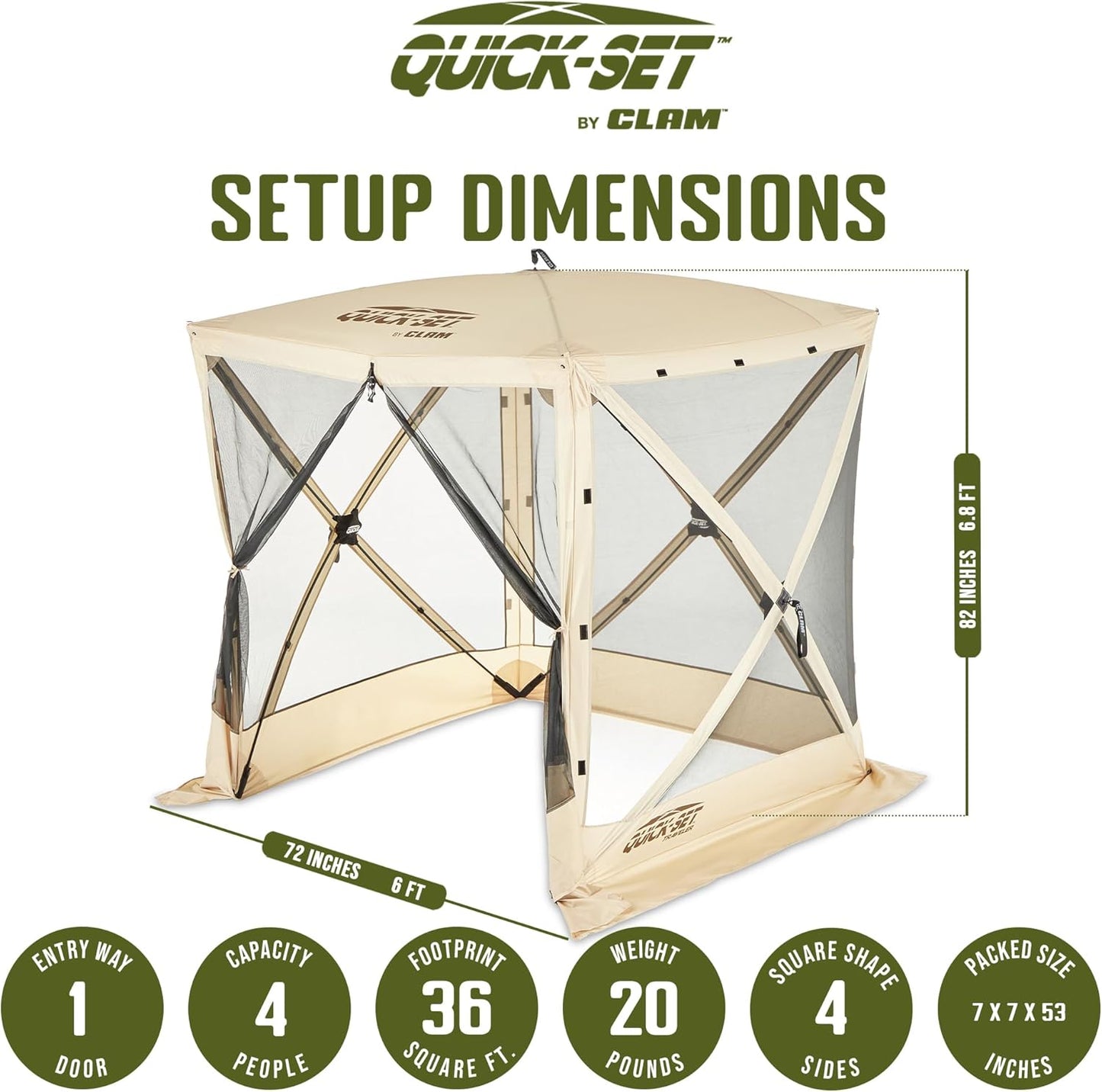 CLAM Traveler Pop-Up Screen Tent – 6x6 ft Portable Camping Gazebo Canopy, Tan – Instant Setup, Bug & Weather Protection, Lightweight Shelter for 4 People – Outdoor Events, Picnics, and Hiking