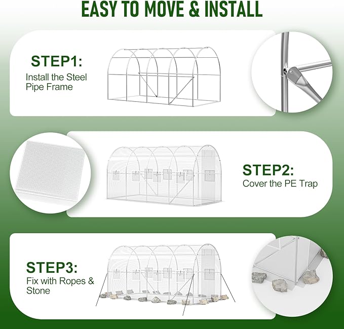 SPECILITE Walk-in Tunnel Greenhouse for Outdoors, 15×7×7 FT Heavy Duty Hoop House Kit with 8 Screen Windows, Thicken PE Cover & Galvanized Frame, Portable Large Green Houses for Outside, Winter, White