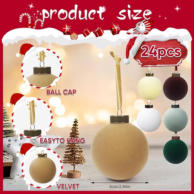 24 Pcs Velvet Christmas Balls Bulk Shatterproof Plastic Christmas Tree Decorations for Decorative Hanging Baubles (24, Coffee、White、Haze Blue、Beige、Blackish Green、Khaki, 2.36Inch)