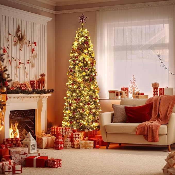 GarveeHome 12 ft Pencil Christmas Tree Pre-lit Slim Holiday Decoration, Skinny Décor LED Lights, Metal Stand,Xmas Tree for Room, Bedroom, Apartment, Outdoor Porch, Office, Green and White