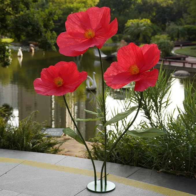 Large Paper Artificial Flowers,Giant Flowers for Decoration,Huge Handcrafted Poppy Fake Flowers with Stand for Home Decor Bridal Shower Party Outdoors Yard Event Backdrop Decor (red)