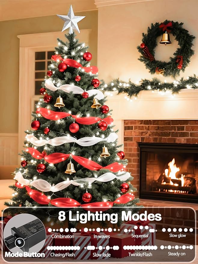 Upgraded 99FT 300 LED Christmas Lights Outdoor & Indoor, Memory Function & Timer & 8 Modes, Mini Green Wire Waterproof Fairy Lights for Christmas Tree Holiday Party Garden Decorations (Cool White)