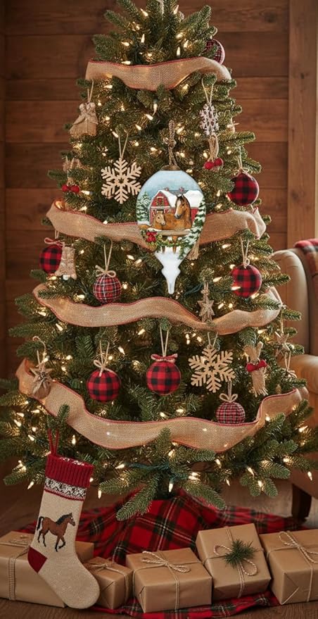 Horse Christmas Ornament – Hand-Painted Glass Horse Ornament for Christmas Tree – Holiday Horse Decorations with Mare and Foal – Farmhouse Barn Scene Ornament