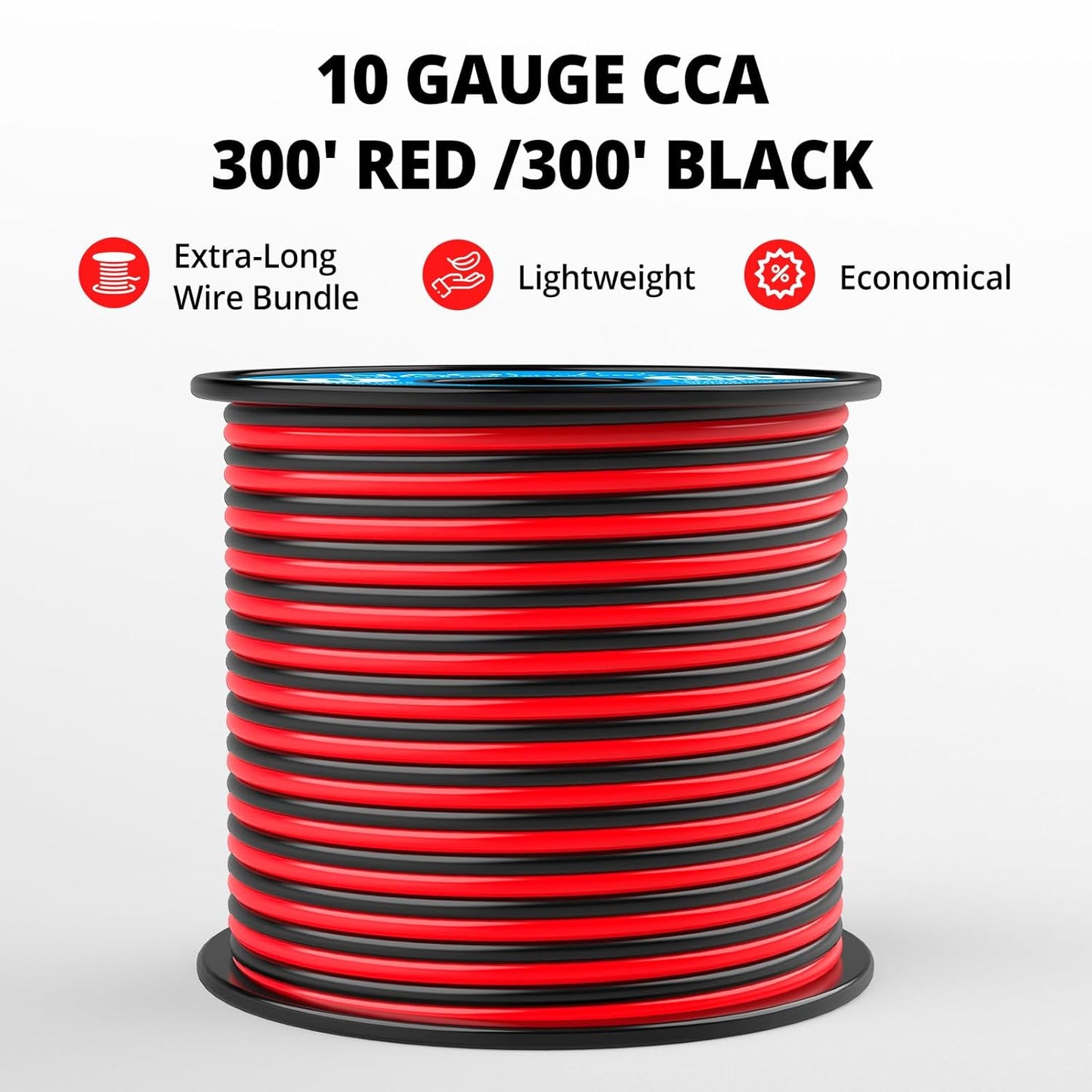 NAOEVO 10 Gauge Wire 300FT, 2 Conductors Electrical Wire Red Black Cable, Flexible/Low Voltage/PVC 10 AWG Copper Clad Aluminum Extension Cord for Speaker, LED Strips, Automotive 12V/24V DC