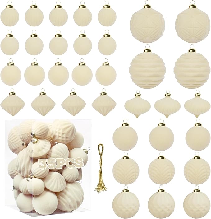 Velvet Ball Ornaments Christmas Balls Cream-Beige 35 PCS Xmas Tree Flocked Ball Ornaments Assortment for Party Garland Wreath Decor Baby Shower First Christmas Decorations