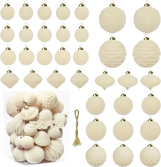 Velvet Ball Ornaments Christmas Balls Cream-Beige 35 PCS Xmas Tree Flocked Ball Ornaments Assortment for Party Garland Wreath Decor Baby Shower First Christmas Decorations