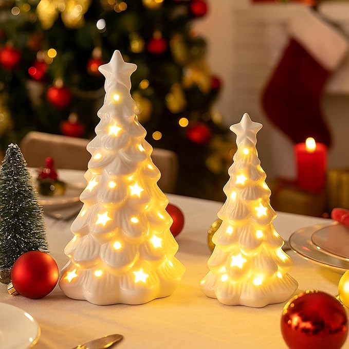 White Ceramic Christmas Trees with Lights, 2Pcs Light Up Table Top Porcelain Christmas Tree, Tabletop Mini Xmas Tree Figurines for Modern Home Decoration