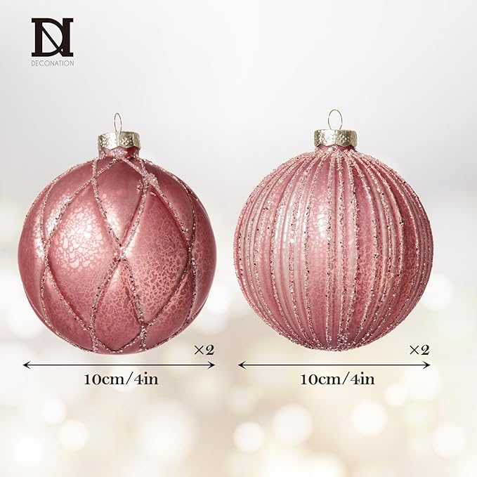 DN DECONATION 4PCS Christmas Ball Ornaments Set – 4” Pink Glass Hanging Ball Ornaments Set for Christmas Tree with Shimmering Silver Lines, Winter Decor Holiday Party Xmas Decorations