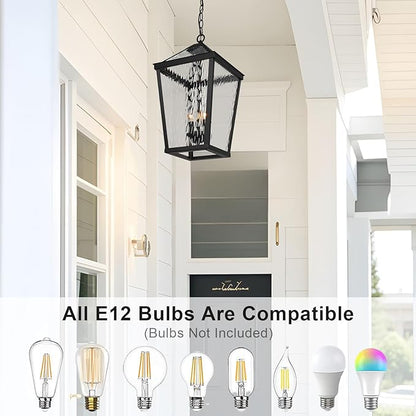 Treekee Outdoor Pendant Light, Modern Black Hanging Lantern Light for Front Porch, Adjustable Exterior Chandelier Fixture with E12 Sockets & Water Ripple Glass for Patio, Entryway, Garage, Gazebo