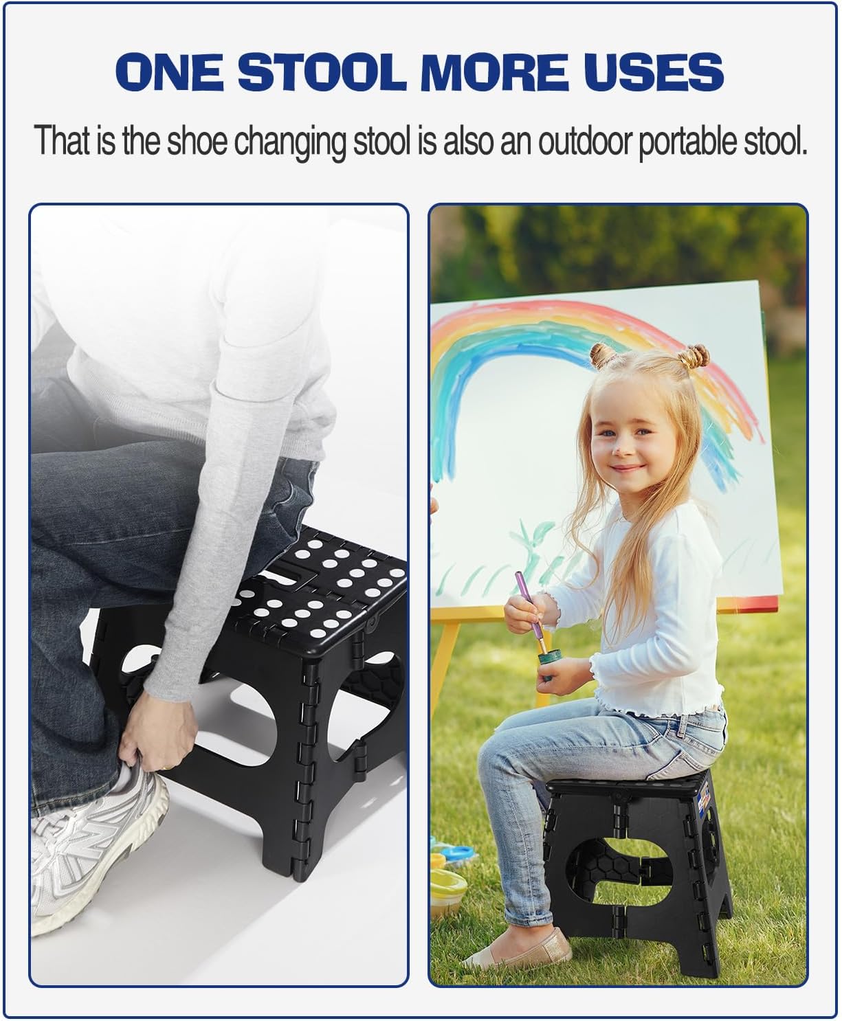 ACKO Folding Step Stool Foldable Step Stools for Kids, 11 Inch Foot Stool Black Plastic Step Stool with Portable Handle Small Stool Hold up to 300lbs for Bathroom, Kitchen 1PC