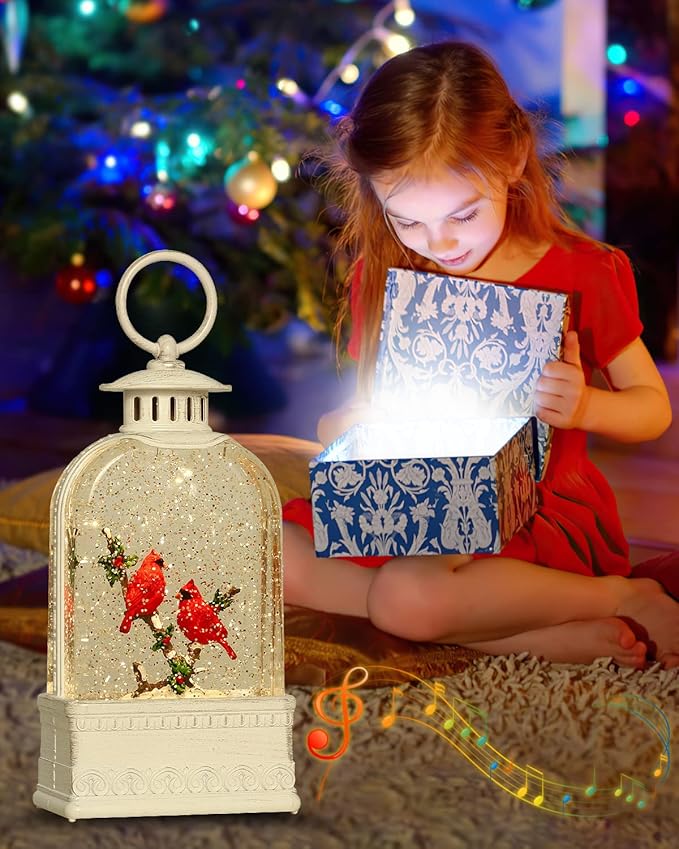 Christmas Decorations Cardinal Snow Globes,Musical Christmas Snow Globes Lantern Light Up 6H Timer Glitter Globe,Red Bird Cardinal Gifts Christmas Decor Indoor for Home