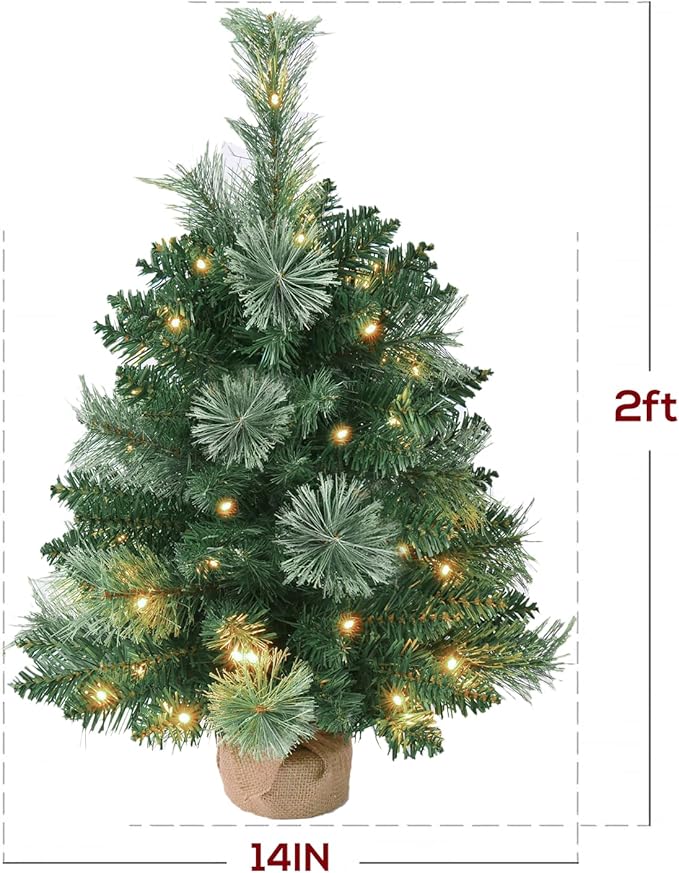 2FT Pre-lit Artificial Small Mini Christmas Tree with Warm White Multi-Color LED Lights, Remote Control and Timer, Perfect for Xmas Tabletop Decorations, Home, Kitchen, Dining Table top Green