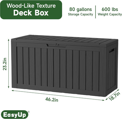 80 Gallon Outdoor Storage Box Waterproof, UV Resistant Resin Deck Box with Hydraulic Rod, Reinforced Stability for Patio, Garden, Striped Black