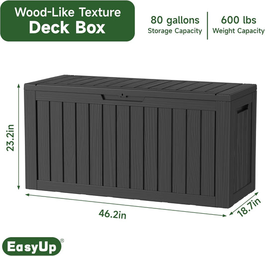 80 Gallon Outdoor Storage Box Waterproof, UV Resistant Resin Deck Box with Hydraulic Rod, Reinforced Stability for Patio, Garden, Striped Black
