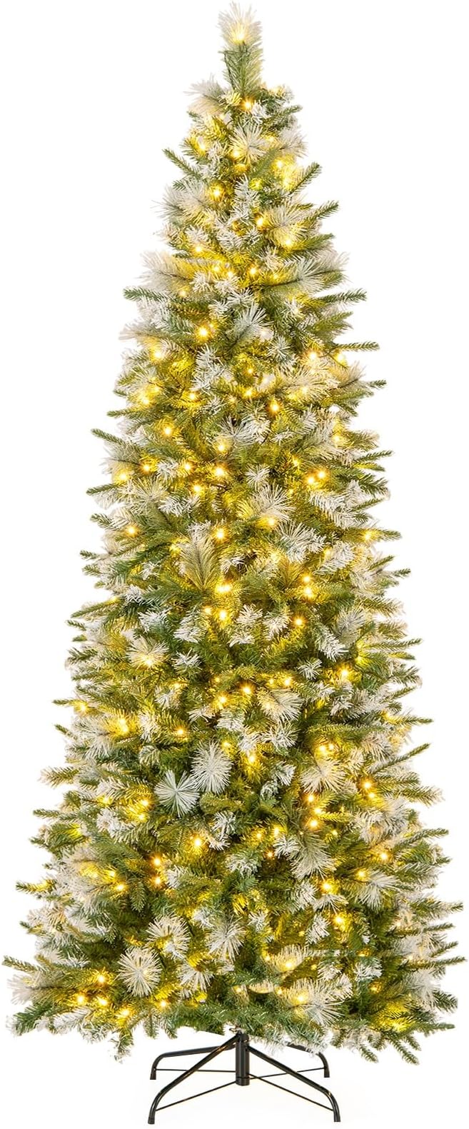 GOFLAME 7.5 FT Pre-Lit Pencil Christmas Tree Snow Flocked, Slim Artificial Xmas Tree with 820 Branch Tips, 350 Warm White LED Lights, Holiday Decoration Tree for Home Party Office