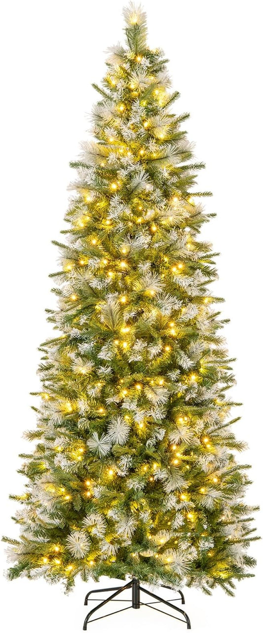GOFLAME 7.5 FT Pre-Lit Pencil Christmas Tree Snow Flocked, Slim Artificial Xmas Tree with 820 Branch Tips, 350 Warm White LED Lights, Holiday Decoration Tree for Home Party Office