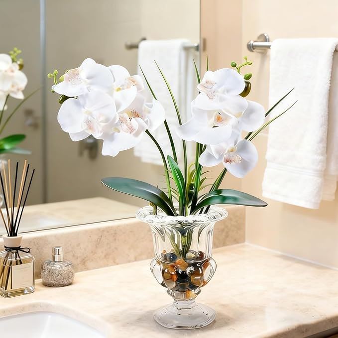 Jusdreen Artificial Orchid Centerpiece with Glass Vase, 14.5 Inch Lifelike Phalaenopsis Bonsai for Home Office Table Decor, White Orchid Arrangement with Potting