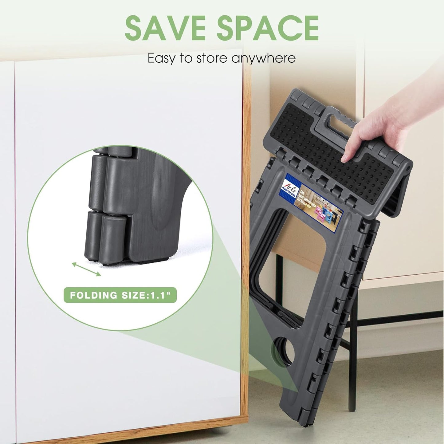 ACKO Folding Step Stool Foldable 17.5 Inch Stools for Adults and Kids,Plastic Stools Tall 400 lbs Capacity, Collapsible Stool for Kitchen, Stepping Foot Stool with Handle, Dot Grey,1 PC