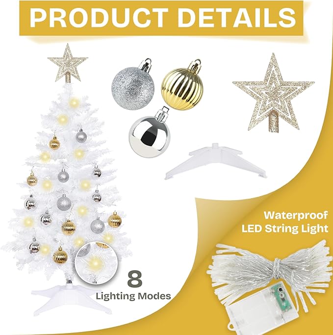 Sunshine White Christmas Tree with Light 3ft Artifical Full Christmas Tree with Ball & Star Ornaments 8 Lighting Modes for Holiday Decor