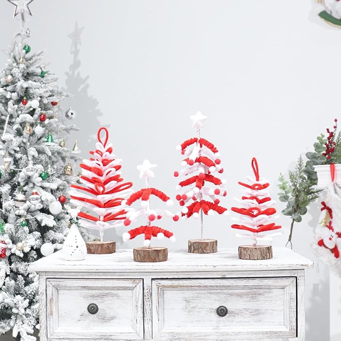 Super Holiday 4PCS Small Christmas Tree, Artificial Mini Tabletop Tree Christmas Decorations, for Wedding Holiday Indoor Xmas Party Decor, Red, White