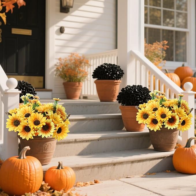 Sunflower Artificial Flowers 8pcs Fall Flowers Outdoor Fake Sunflowers for Garden Patio Window Box Planter Home Porch Garden Wedding Party Office Indoor Autumn Decoration