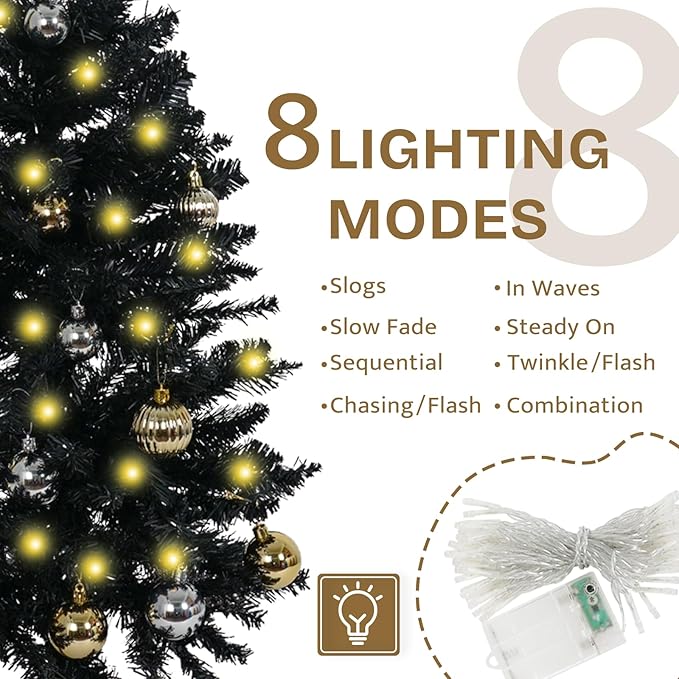 Sunshine Black Christmas Tree with Light 3ft Artifical Full Christmas Tree with Ball & Star Ornaments 8 Lighting Modes for Holiday Decor