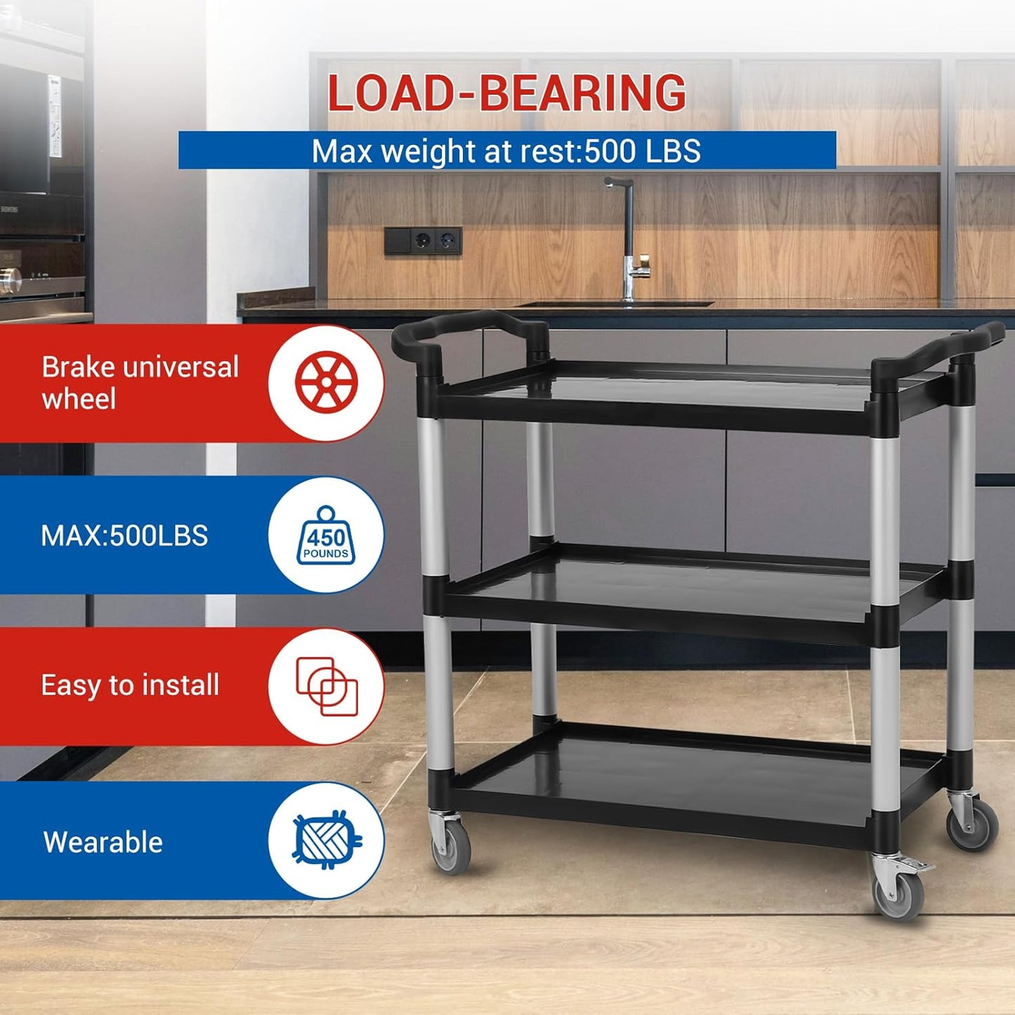 Utility Service Cart 3 Shelf, Rolling Push Cart with Brake Wheel, Plastic Heavy Duty 3-Tier Food Service Cart for Office, Warehouse, Garage, Restaurant, Cleaning, 360lbs Capacity, Black