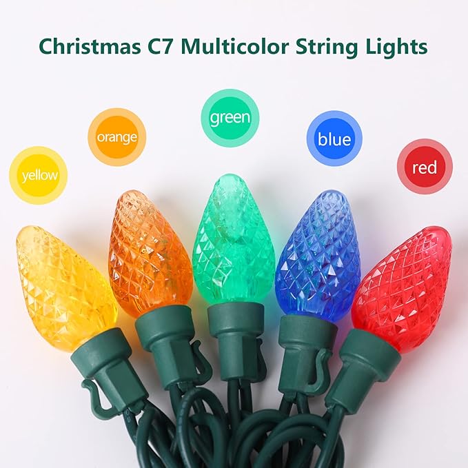 C7 LED Christmas String Lights, 25.16FT 50 LED Connectable Outdoor & Indoor Decorative Light Strand, Multicolor Xmas Holiday Lights for House, Christmas Tree, Patio, Party Decoration
