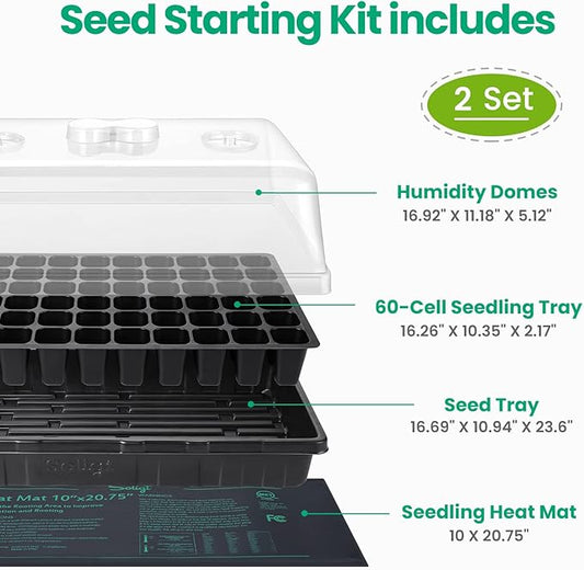 SOLIGT 2 Set 60-Cell Seed Starter Kit - Strong Seed Trays with Humidity Domes, Cell Trays and Seedling Heat Mats - Cloning, Propagation and Germination Station