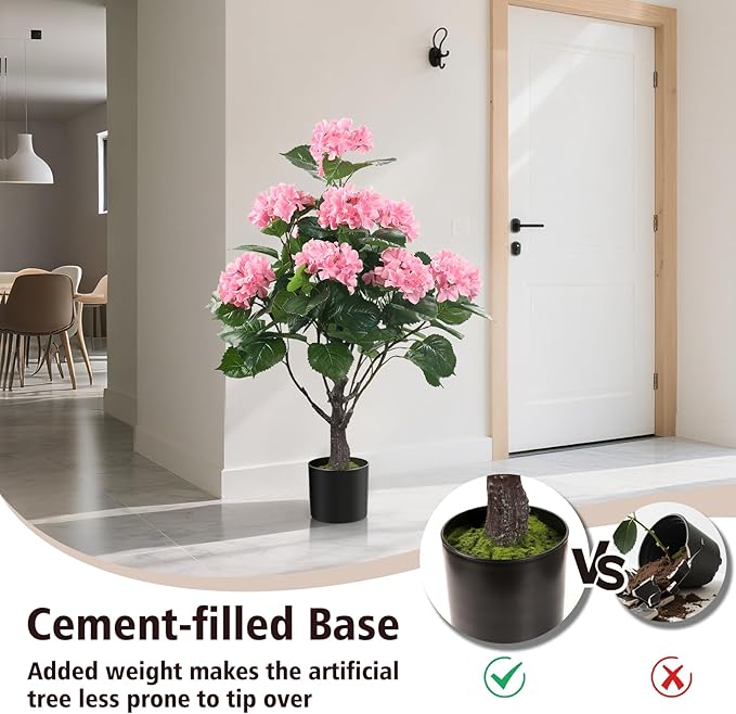 Romantic Season 38" Artificial Hydrangea Tree in Pot, Faux Potted Silk Hydrangea Plant for Indoor Outdoor Decoration, Lifelike Artificial Flower Tree for Home, Office, Patio, Garden Decor, Pink