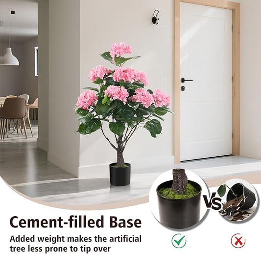 Romantic Season 38" Artificial Hydrangea Tree in Pot, Faux Potted Silk Hydrangea Plant for Indoor Outdoor Decoration, Lifelike Artificial Flower Tree for Home, Office, Patio, Garden Decor, Pink