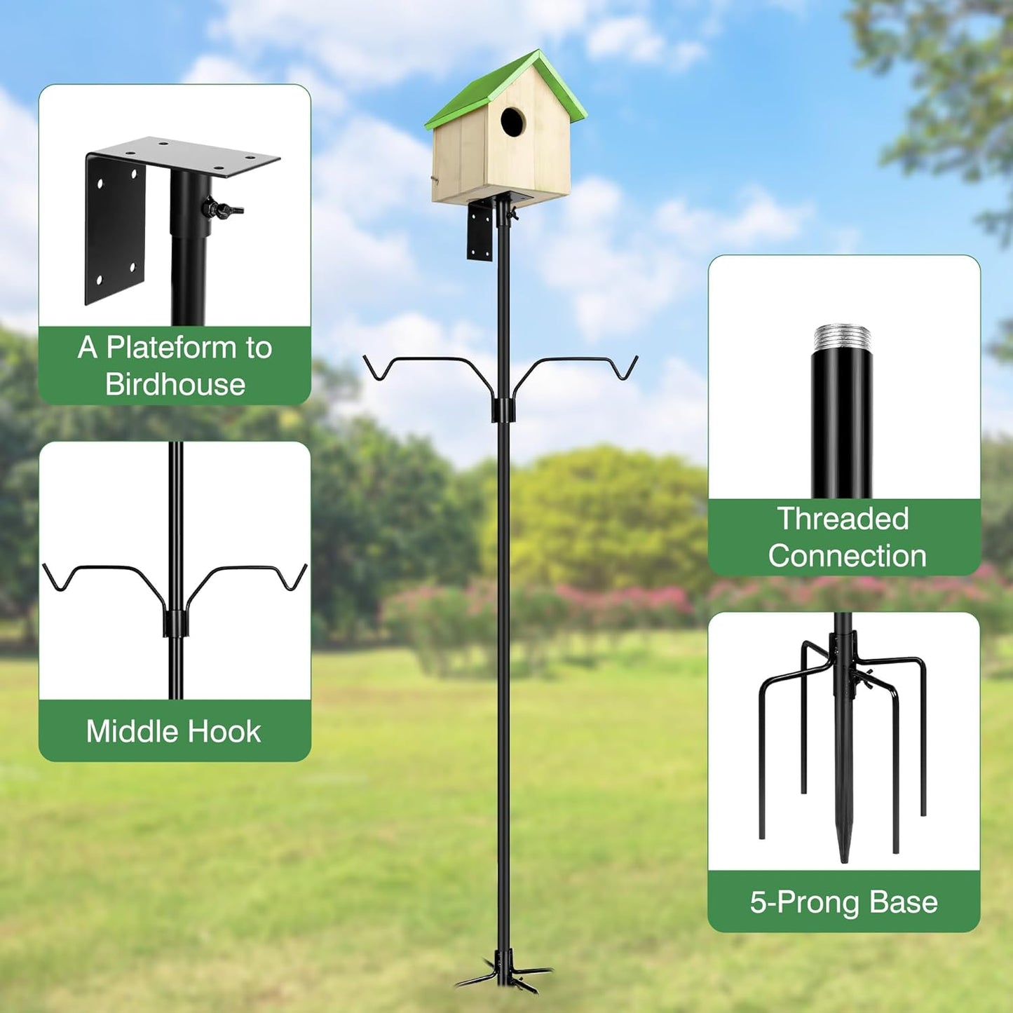 Bird Feeder Pole, 79 Inch Heavy Duty Bird House Pole Mount Kit for Outdoors, Adjustable Metal Bird Feeding Stand, with 2-Hooks, 5-Prong Base for Hanging Feeders, Black