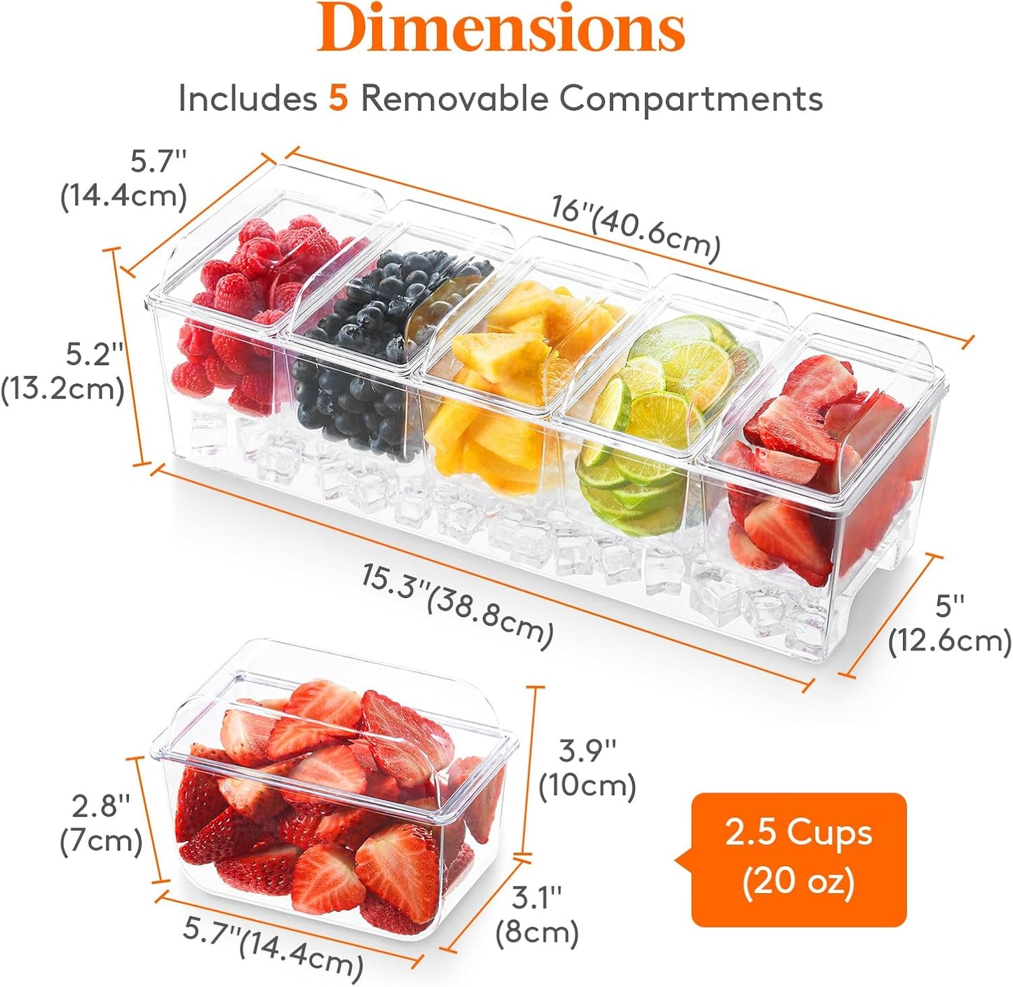 Lifewit Ice Chilled Condiment Caddy with 5x 20oz(2.5 cup) Containers, 15.3" Condiment Server with Separate Lids, Serving Tray Platter with Removable Dishes for Bar, Fruit, Salad, Taco, Party Garnish