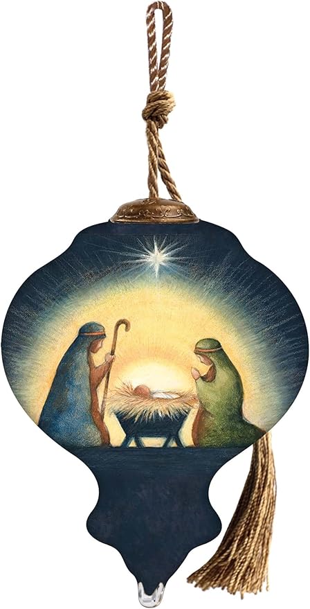 Radiant Holy Family Nativity Ornament–Hand-Painted Glass Holy Family Christmas Ornament – Baby Jesus in Manger Scene – Religious Christian Ornament – Catholic Keepsake