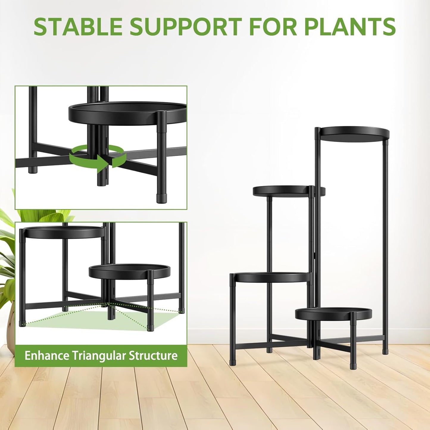 iDavosic.ly 4 Tier Large Plant Stand Indoor with 10 Inch Wide Tray, Tiered Corner Metal Outdoor Flower Display Holder Shelf, Folding Tall Rack for Patio Porch Living Room, Modern Black