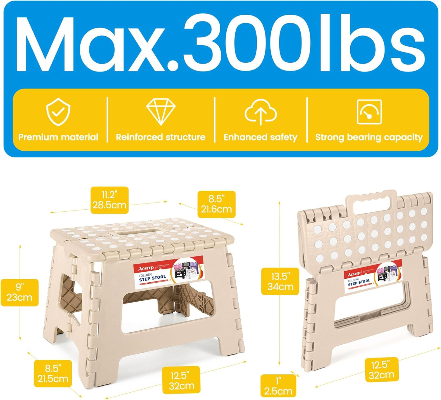 ACSTEP Folding Step Stool - 9 Inch Lightweight Plastic Non-Slip Foldable Stool for Kitchen, Bathroom, Bedroom - Khaki