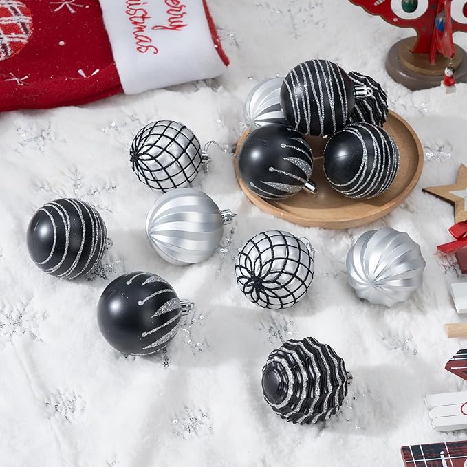 100PCS Black and Silver Christmas Ornaments Set, Shatterproof Christmas Ball Ornaments Bulk, Assorted Decorations Baubles Hanging Ornaments for Christmas Trees Holiday Party Decor (Black Silver)