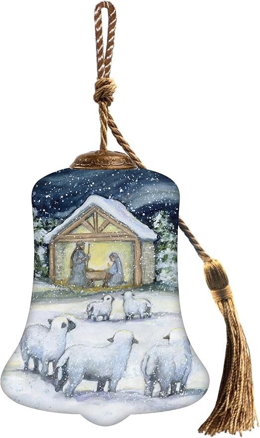Nativity Bell Christmas Ornament–Hand-Painted Glass Bell with Holy Family & Sheep – Christian Nativity Scene Ornament – Religious Christmas Tree Decoration & Gift