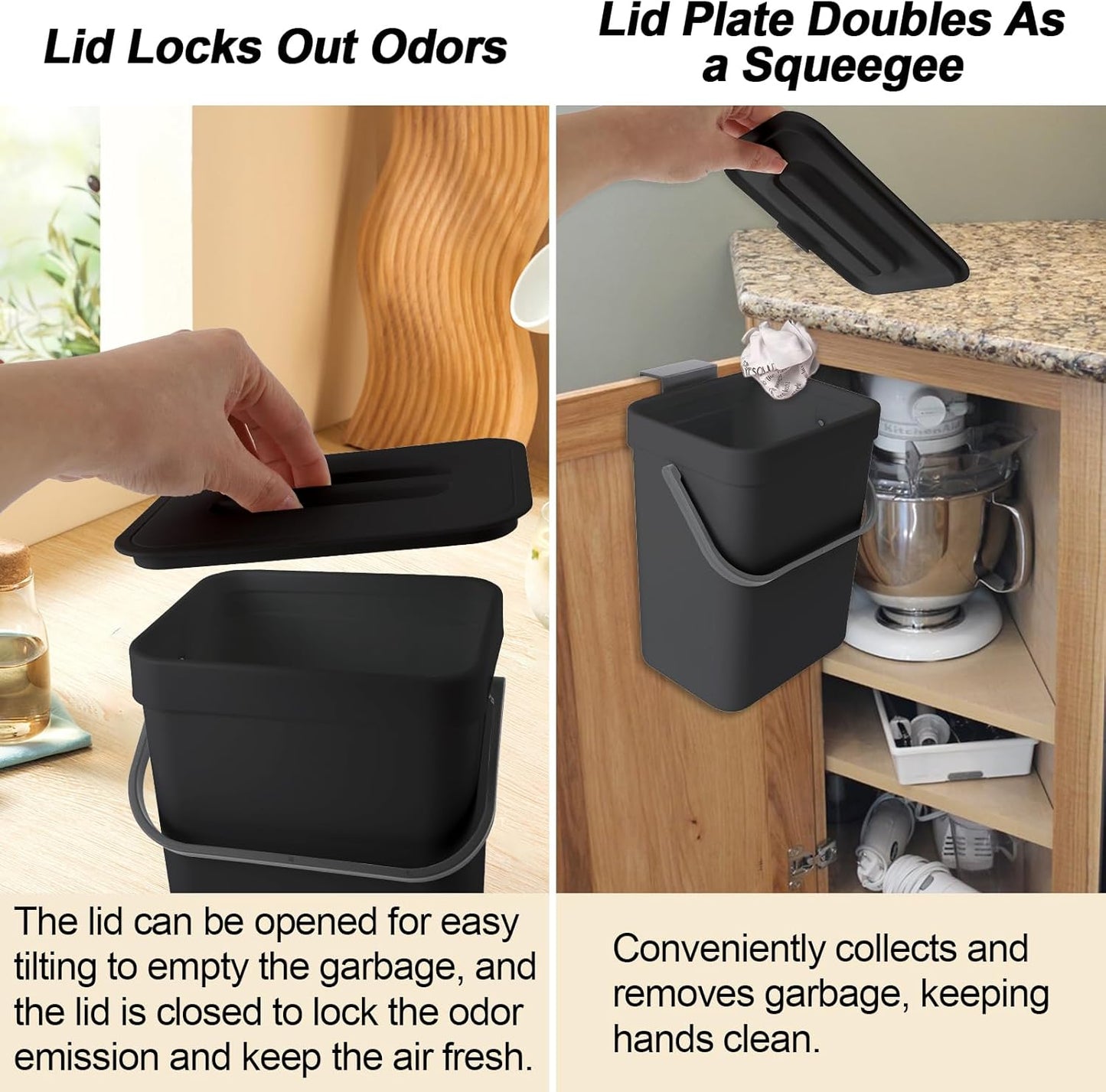 Compost Bin Kitchen, for use on Countertops or Under Sinks, Hanging Trash Can with Lid, for Cupboard/Bathroom/Bedroom/Office/Camping, Mountable Indoor Compost Bucket(Black 1.3 Gallon/5L)