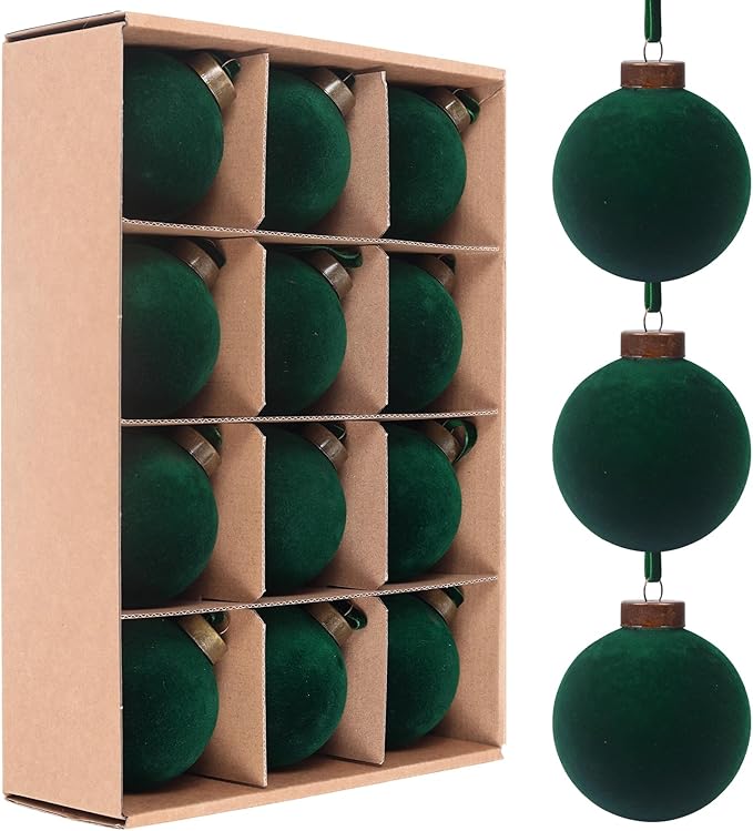 12 Pcs Velvet Christmas Balls Bulk Shatterproof Plastic Christmas Tree Decorations for Decorative Hanging Baubles (12, Blackish Green, 3.15Inch)