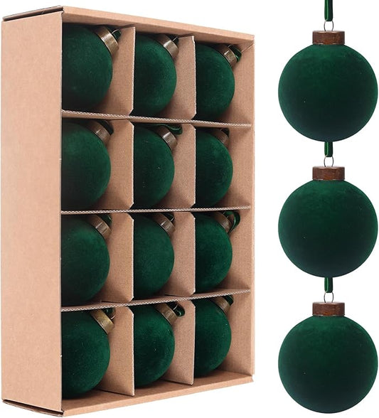 12 Pcs Velvet Christmas Balls Bulk Shatterproof Plastic Christmas Tree Decorations for Decorative Hanging Baubles (12, Blackish Green, 3.15Inch)