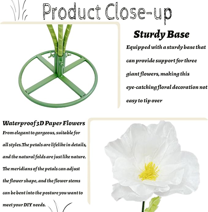 3Pcs Giant Artificial Flowers 3D Decorations Flower with Stand Base, Indoor Outdoor Art Home Decorative for Wedding Reception Arrangement Birthday Party Bridal Shower Baby Shower (White)