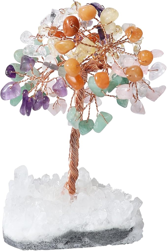7 Chakra Crystal Tree of Life with White Aura Base Crystal Room & Home Decor, Cute Home Birthday Gifts for Men & Crystals and Healing Stones for Women Mom Gemstone Tree for Shelf & Bedroom Decor