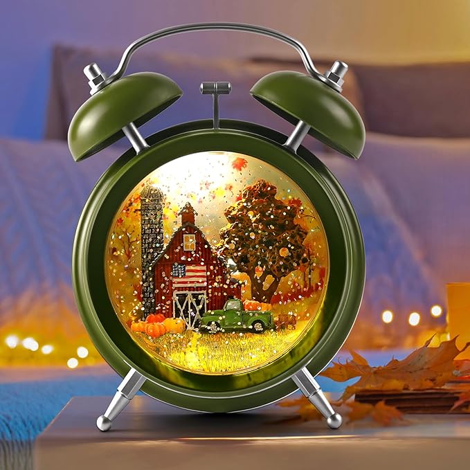 Alarm Clock Fall Snow Globe, Lighted Snow Globe Lantern 6H Timer Thanksgiving Snow Globe Thanksgiving Decorations Fall Decor (Green)