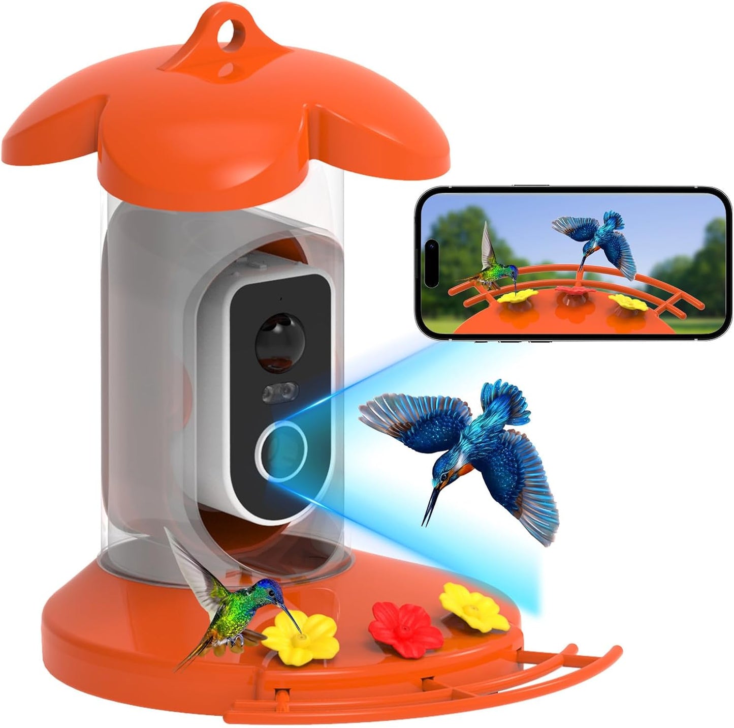 Hummingbird Feeder with Camera for Outdoor - 2K QHD Video, Instant Notifications & AI Bird Species, Ant Moat, Bee Proof, Motion Detection, 2.4G WiFi, Signal Booster, Gift for Bird Lovers OrangeS1