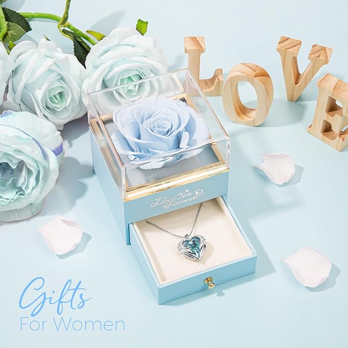 NEWNOVE Preserved Real Light Blue Rose with Angle Wings Necklace, Anniversary Birthday Gifts for Women Wife Girlfriend Mom Gift Ideas for Christmas Mothers Day Valentines Day, I Love You Gifts for Her