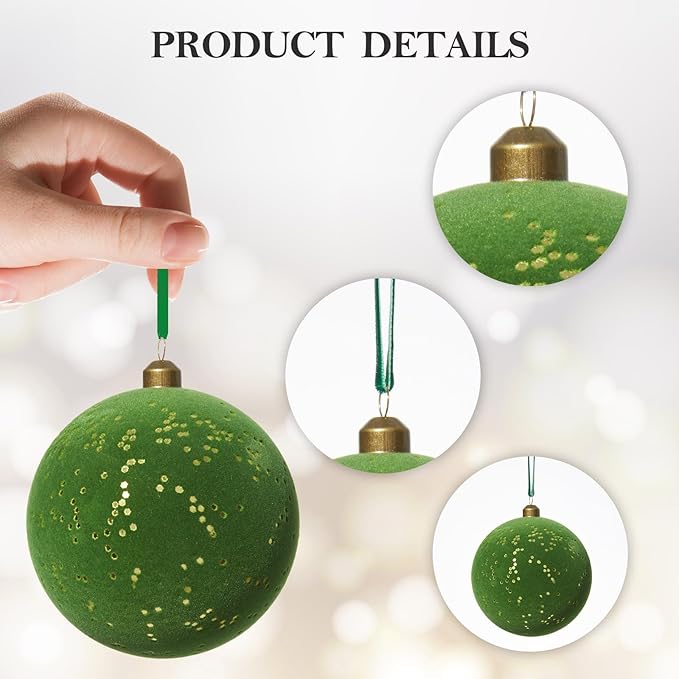 DN DECONATION 4PCS Christmas Ball Ornaments Set – Green Ball Ornaments for Christmas Tree, 4” Shatterproof Velvet Plastic Balls Xmas Decorations with Ribbons for Winter Holiday Decor Gifts