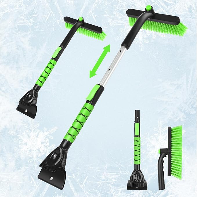 Yougfin Snow Brush with Ice Scraper 33 inch, 2 in 1 Extendable Snow Removal for Cars with Foam Grip and 360° Pivoting Brush Head, Heavy Duty Snow Cleaner for Auto Truck SUV